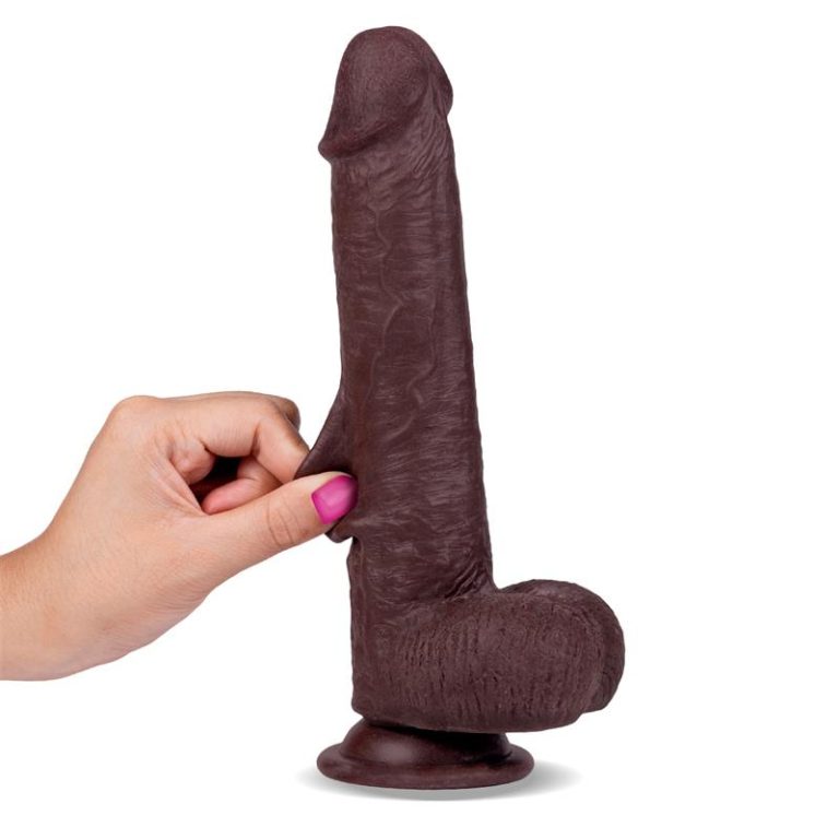 Dildo s pomičnim slojem LikeTrue 21 cm - smeđi i prikaz duplog sloja koji se može pomicati.